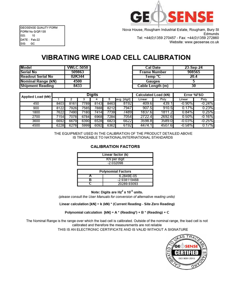 Vibrating Wire Load Cell Calibration | PDF | Calibration
