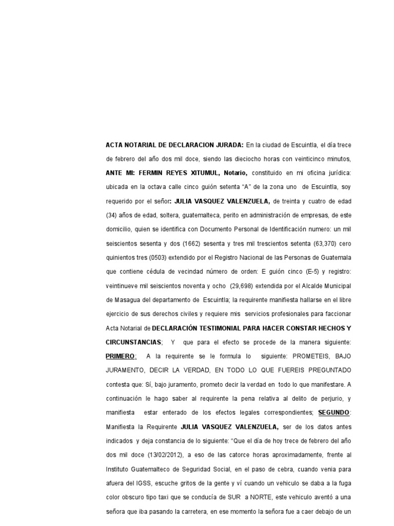 Acta Notarial de Declaracion Testimonial