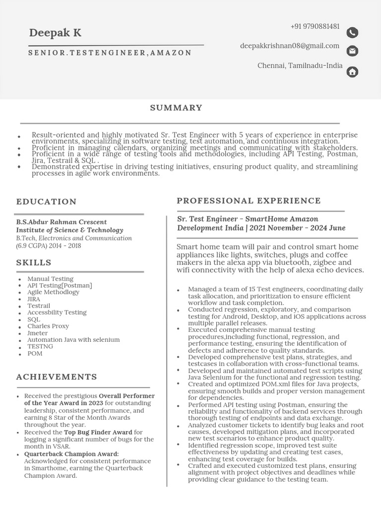 Deepak SR QA Automation 5yrs SPAR Chennai | PDF | Software Testing ...