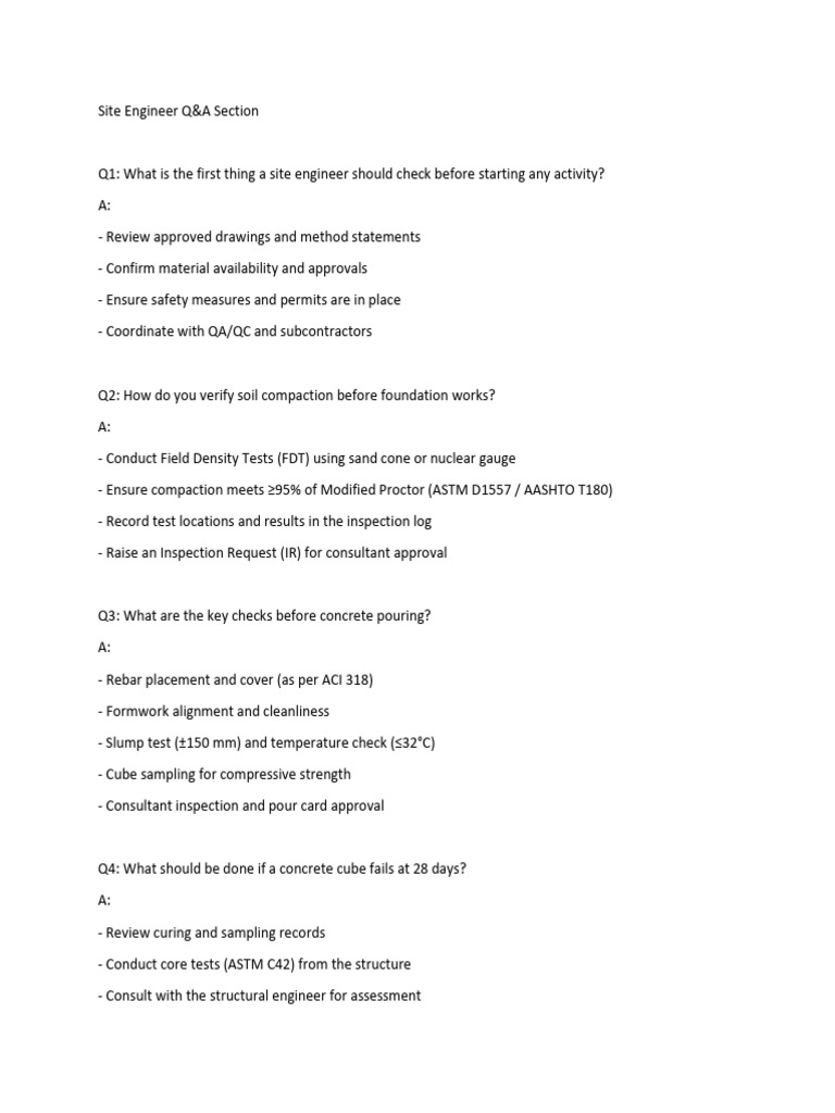 Site Engineer Essential Q&A Guide | PDF | Concrete