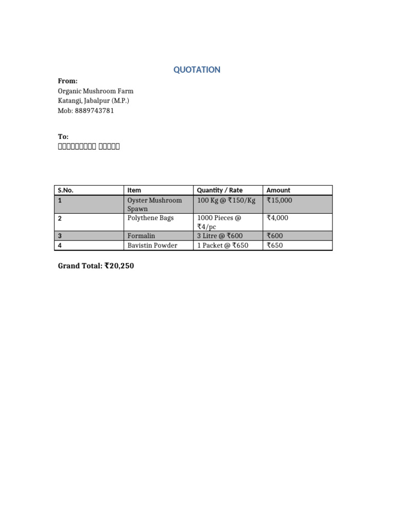 Oyster Mushroom Quotation | PDF