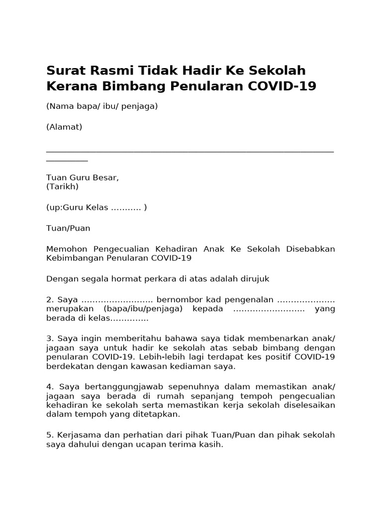 Surat Rasmi Tidak Hadir Ke Sekolah Kerana Bimbang Penularan COVID | PDF