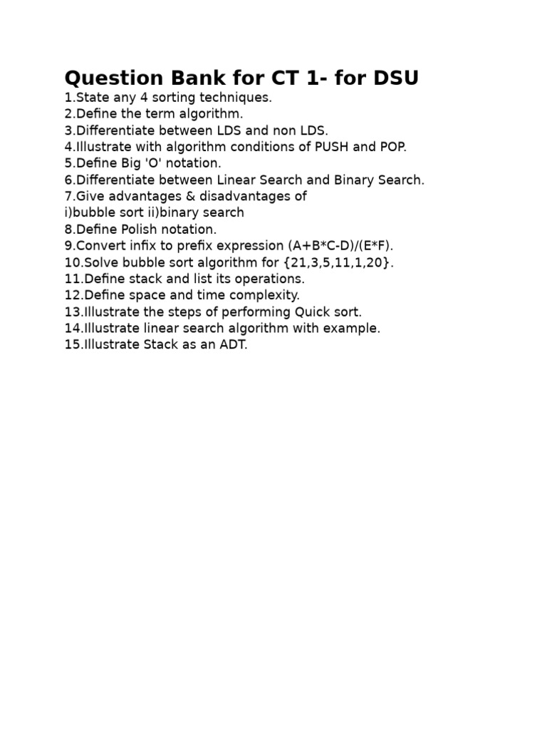 DSU Question Bank For CT 1 - For DSY | PDF