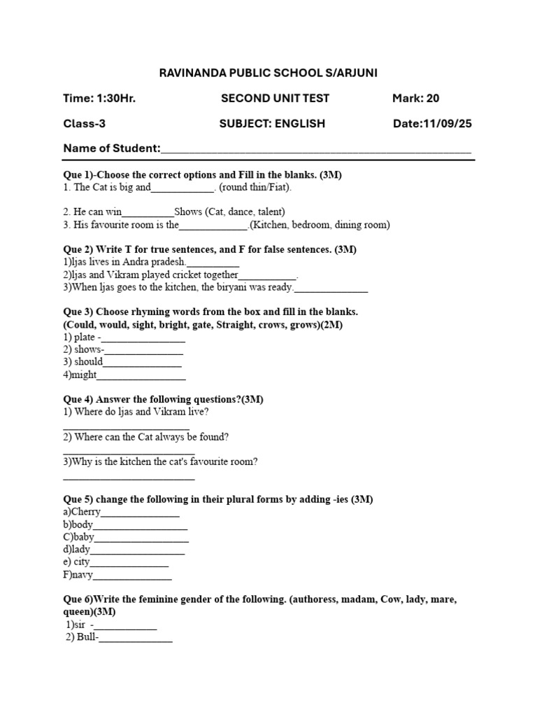 Class 3 English Unit Test Paper | PDF