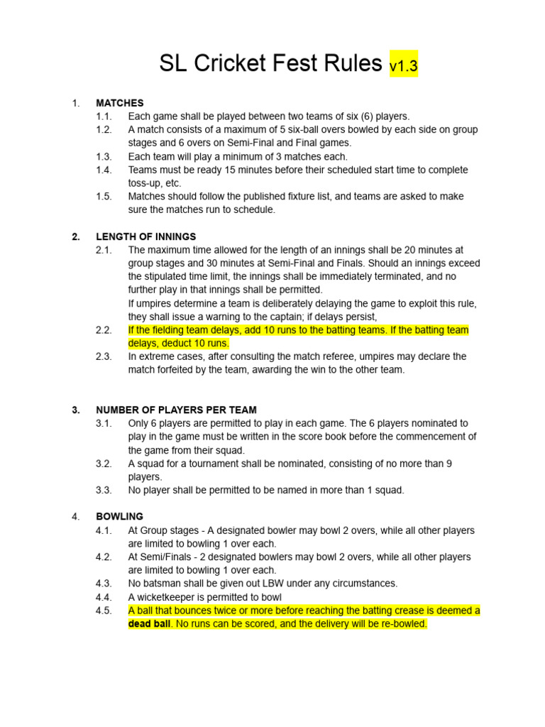 SL Cricket Fest Rules - v1.3 | PDF | Bowling (Cricket) | Ball And Bat Games