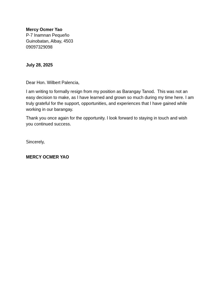Mercy Yao Resignation Letter | PDF