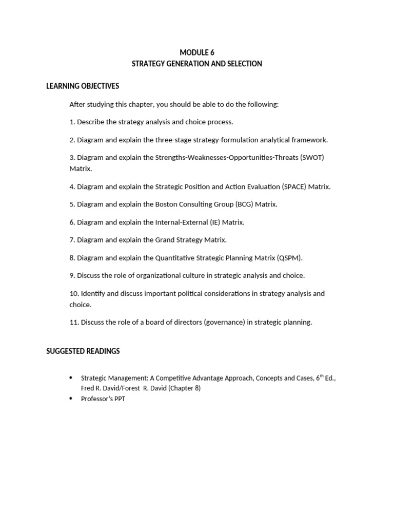 Strategy Generation and Selection Guide | PDF | Strategic Management ...