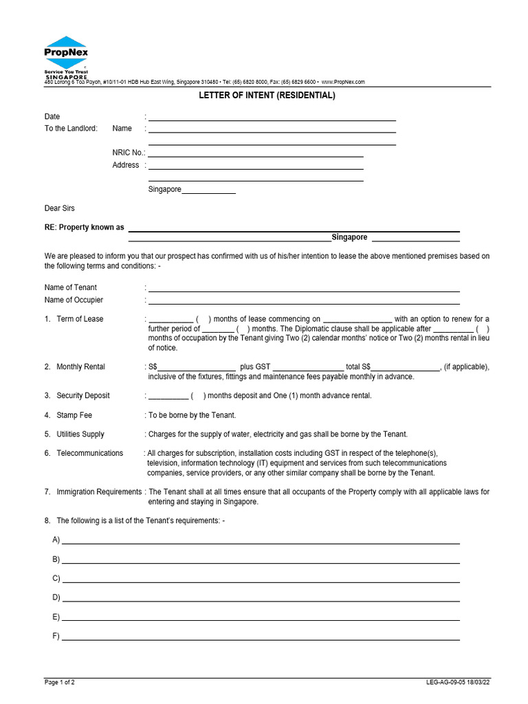 Residential Letter of Intent Template | PDF | Leasehold Estate | Lease