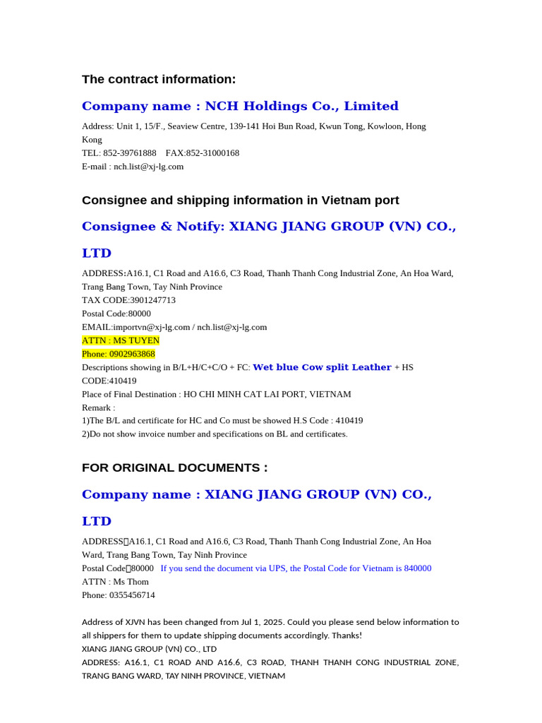 WB - VN - NCH Consignee and Shipping Information | PDF