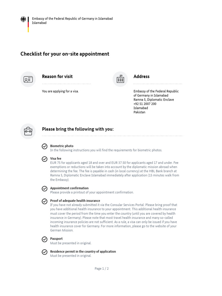 Visa Appointment Checklist for Germany | PDF | Travel Visa | Diplomatic ...