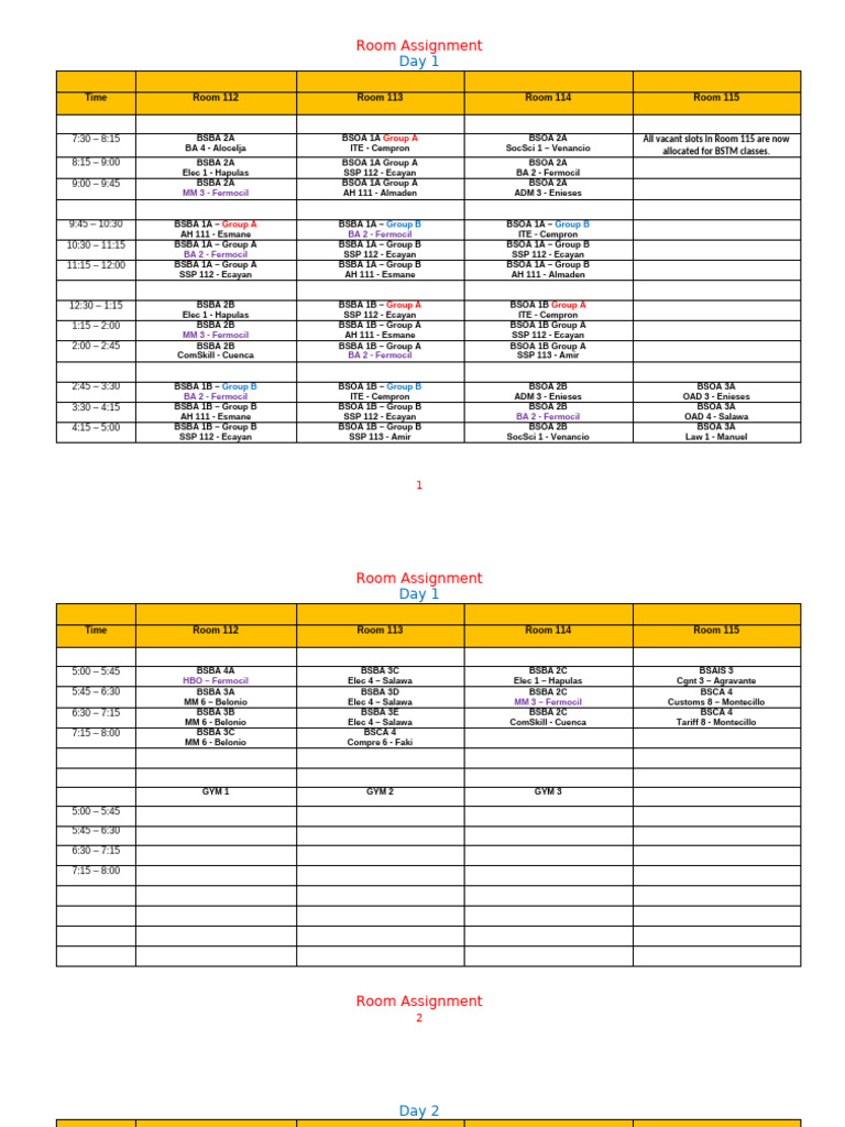 Room Assignment Schedule for Classes | PDF