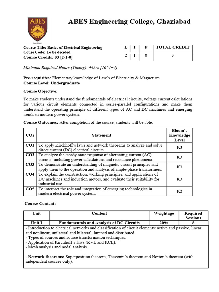 Basic Electrical Engineering Course Overview | PDF | Electrical Network ...