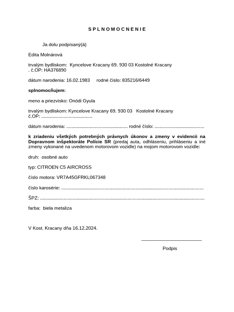 Splnomocnenie Na Prepis A Na Predaj A Prepis Motorového Vozidla | PDF