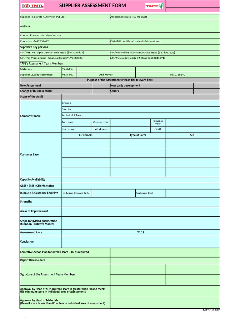 1.1.2 Supplier Assessment Format 05.05.2025 | PDF | Business | Quality