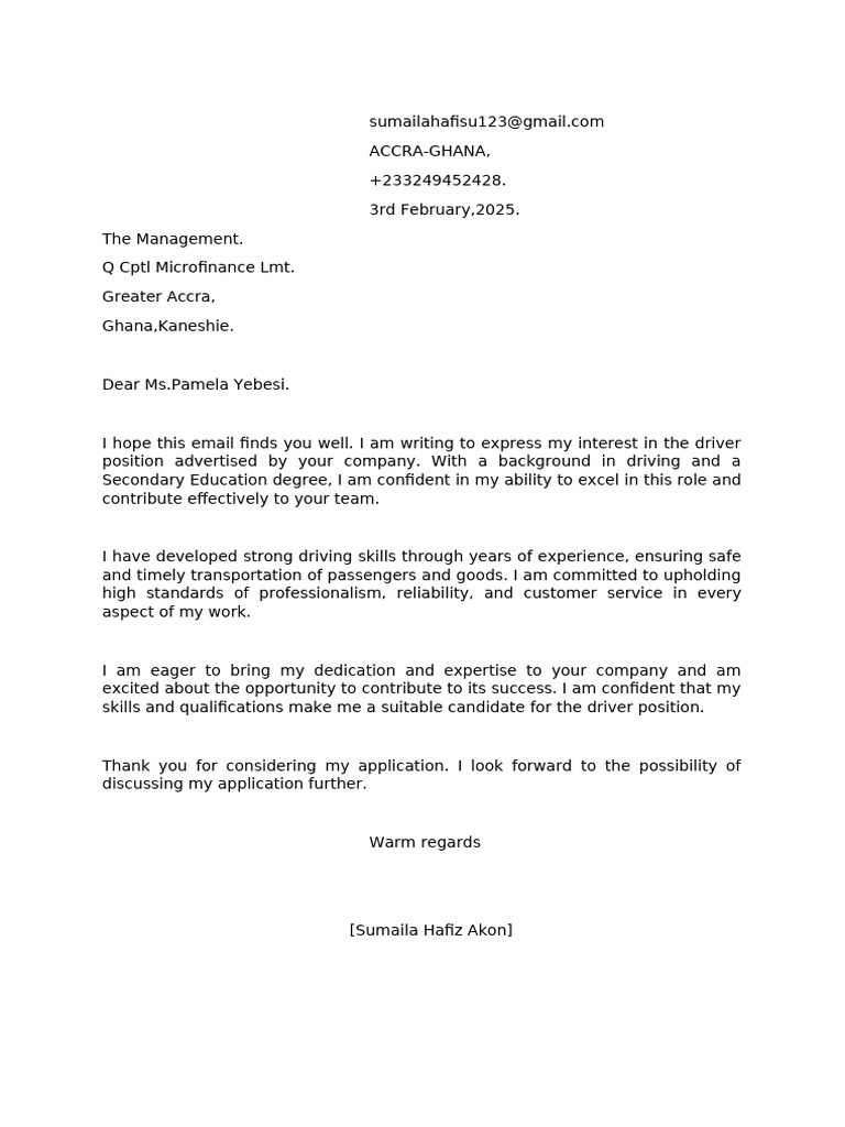 Driver Position Application Letter | PDF