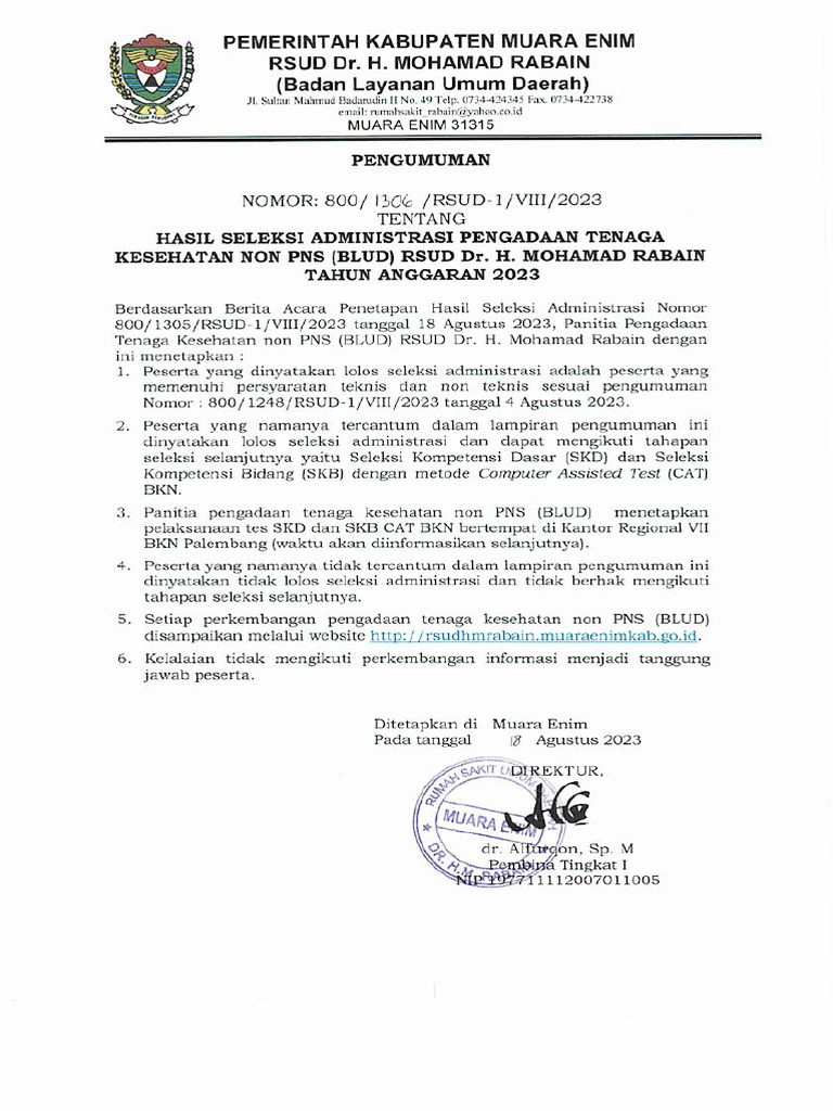 Pengumuman Seleksi Administrasi Pengadaan Tenaga Kesehatan Non PNS ...
