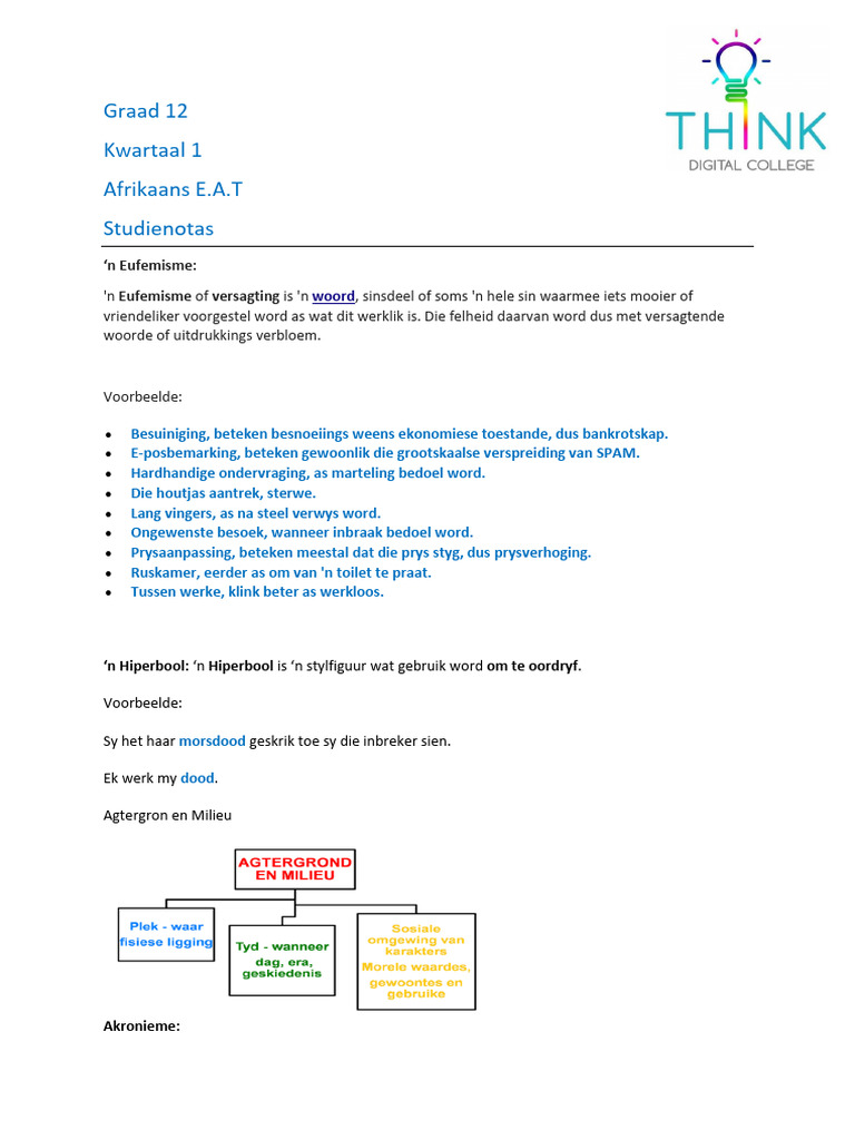 Grade 12 Afrikaans Term 1 Study Notes | PDF