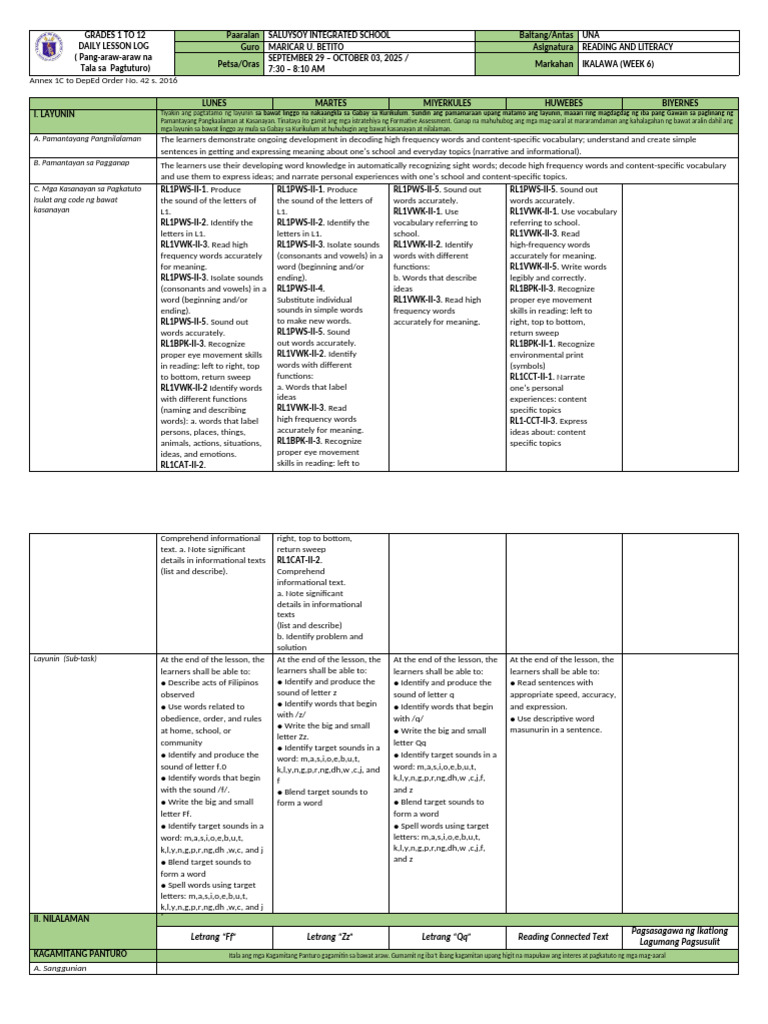 Grade-1 - DLL - READING AND LITERACY - Q2 - WEEK7 | PDF