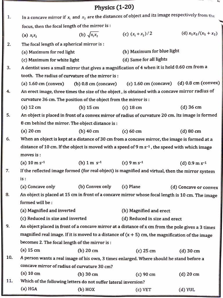 Test - Reflection - Plane and Spherical Mirror - 10th | PDF | Mirror ...