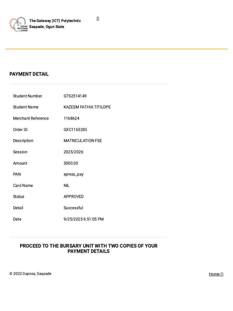 Gateway Polytechnic Matriculation Fee Receipt | PDF
