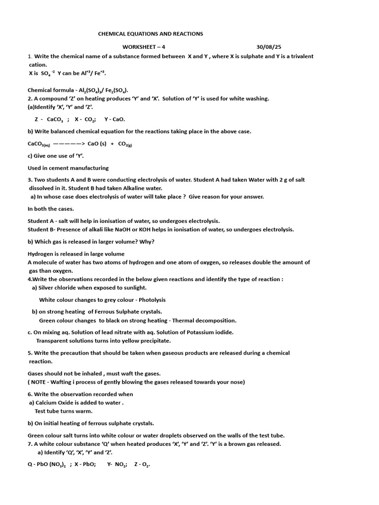 Chemical Equations Worksheet 4 ANSWERS | PDF | Salt (Chemistry ...