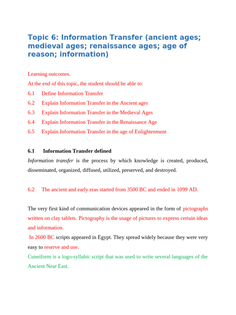 Topic 6 Final Information Transfer Ancient Medievial, Rennaissance ...