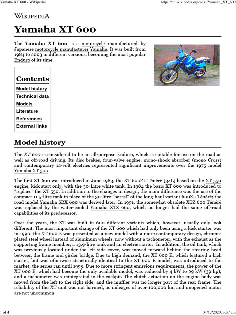 Yamaha XT 600 - Wikipedia | PDF | Vehicle Technology | Land Vehicles