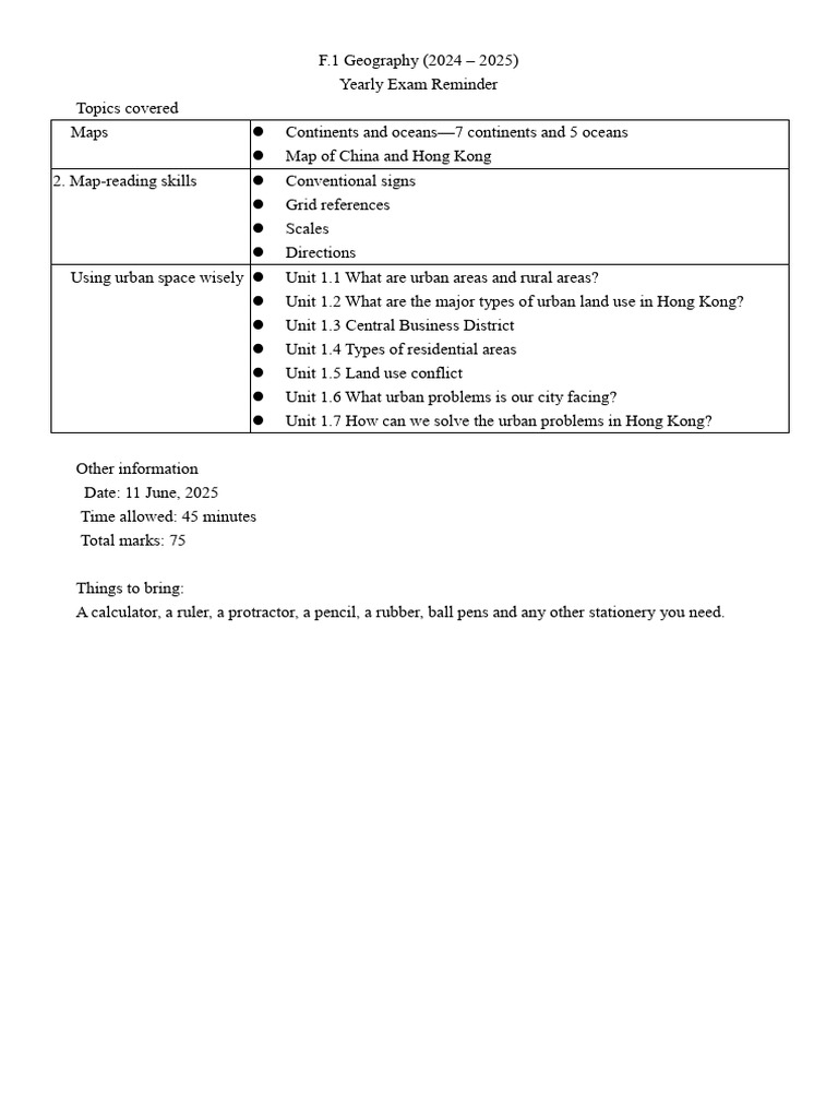 S1 Yearly Exam Reminder 2024-2025 | PDF