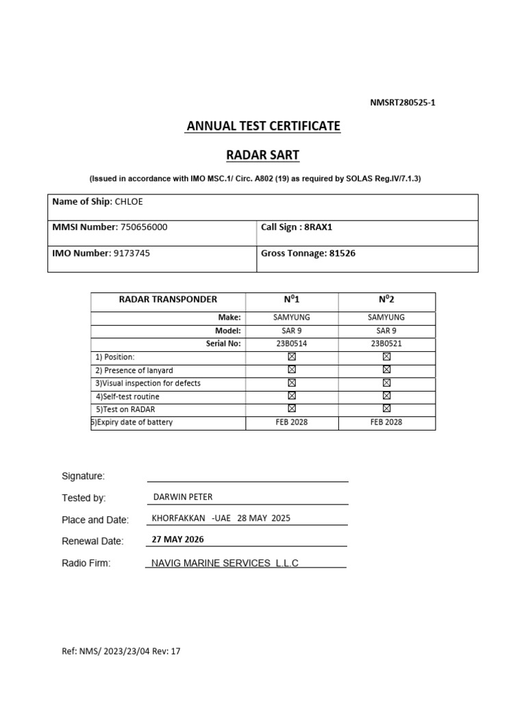 Annual Radar SART Test Certificate | PDF