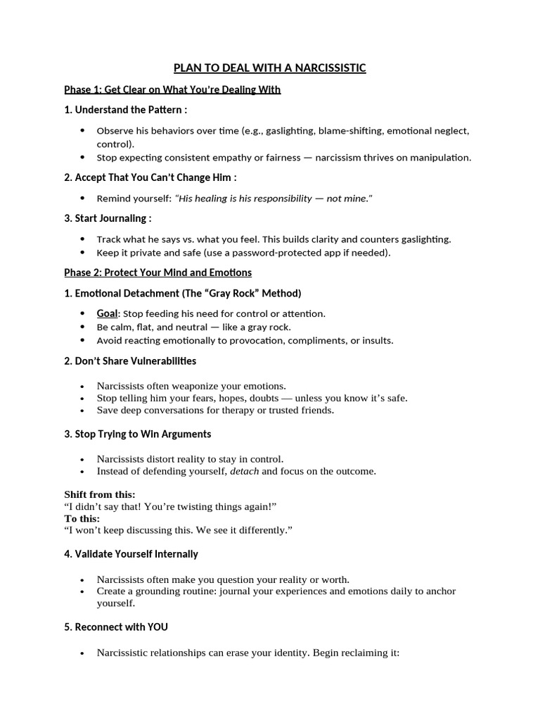 Plan To Deal With A Narcissistic | PDF | Narcissism | Psychological ...