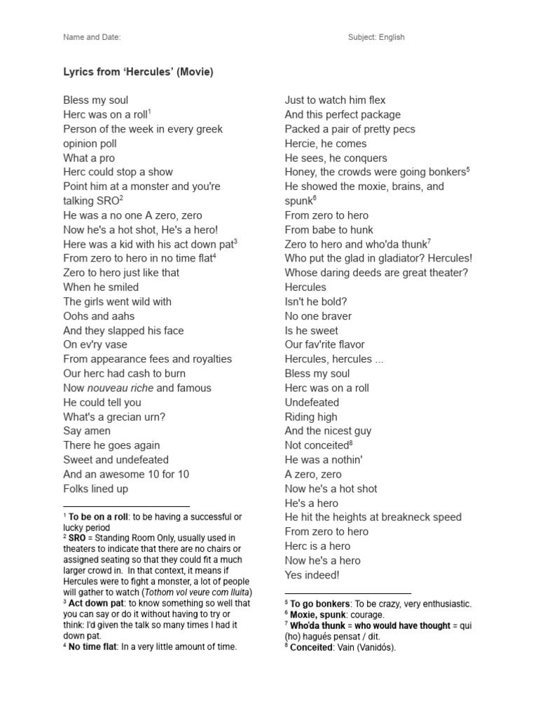 Lyrics From Hercules' (Movie) | PDF