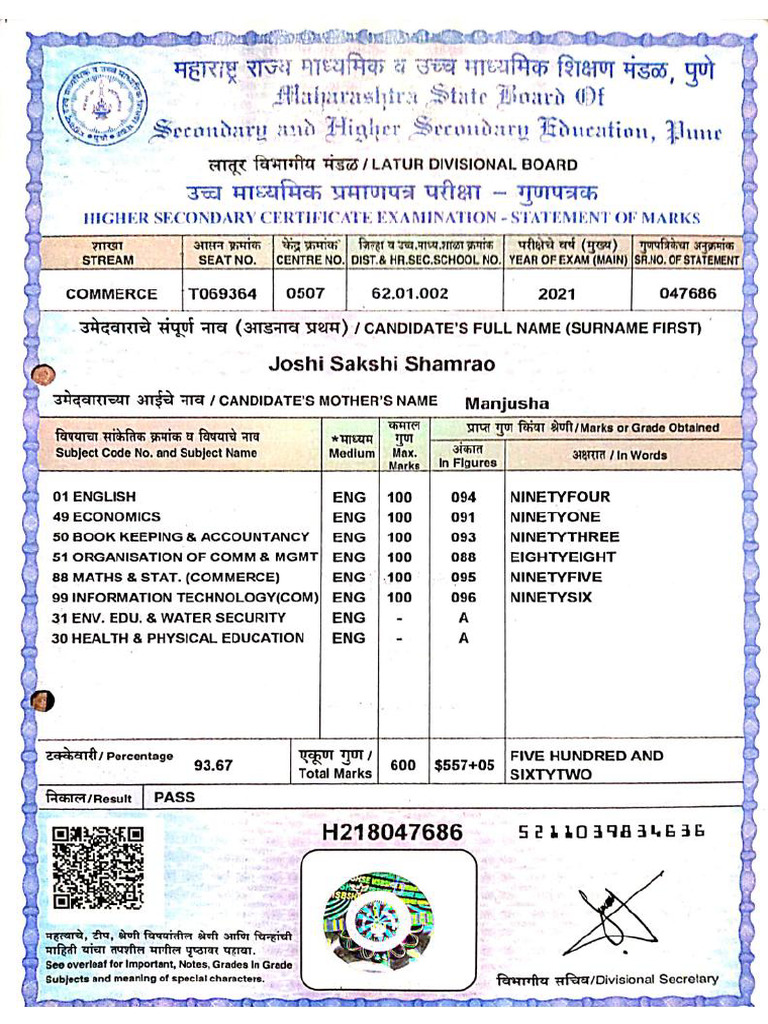 12th Marksheet Sakshi Joshi - 11zon | PDF