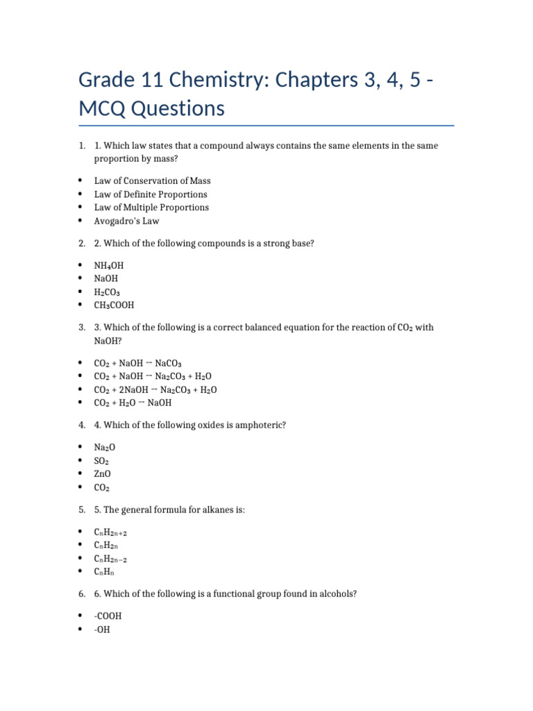 Grade11 Chemistry Ch3-5 MCQ | PDF | Mole (Unit) | Chemical Compounds