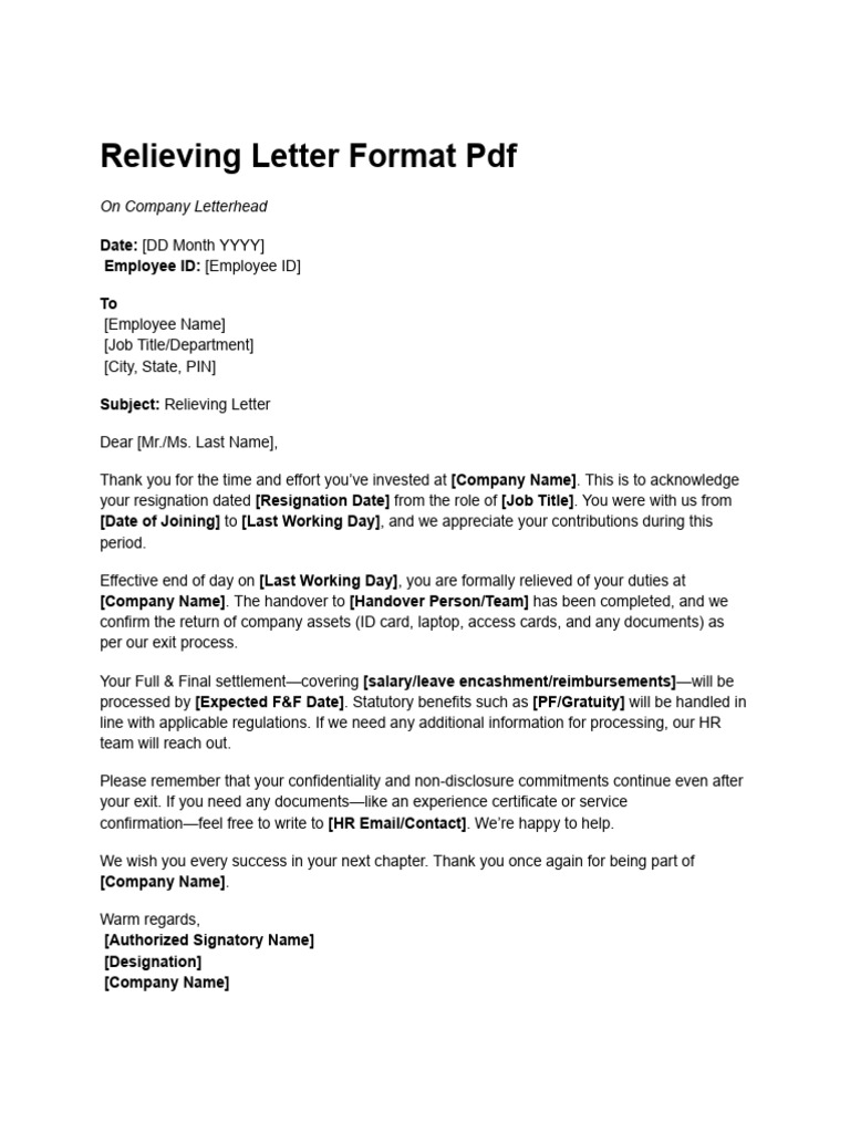 Relieving Letter Format Template PDF | PDF