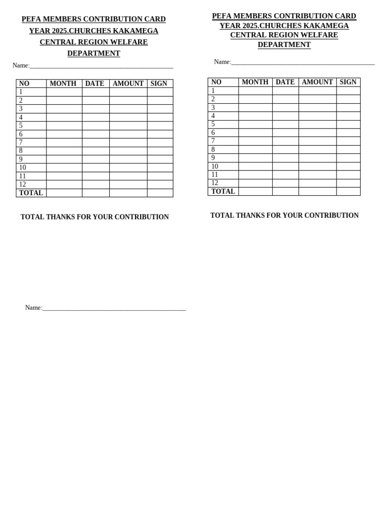 PEFA 2025 Contribution Card Template | PDF
