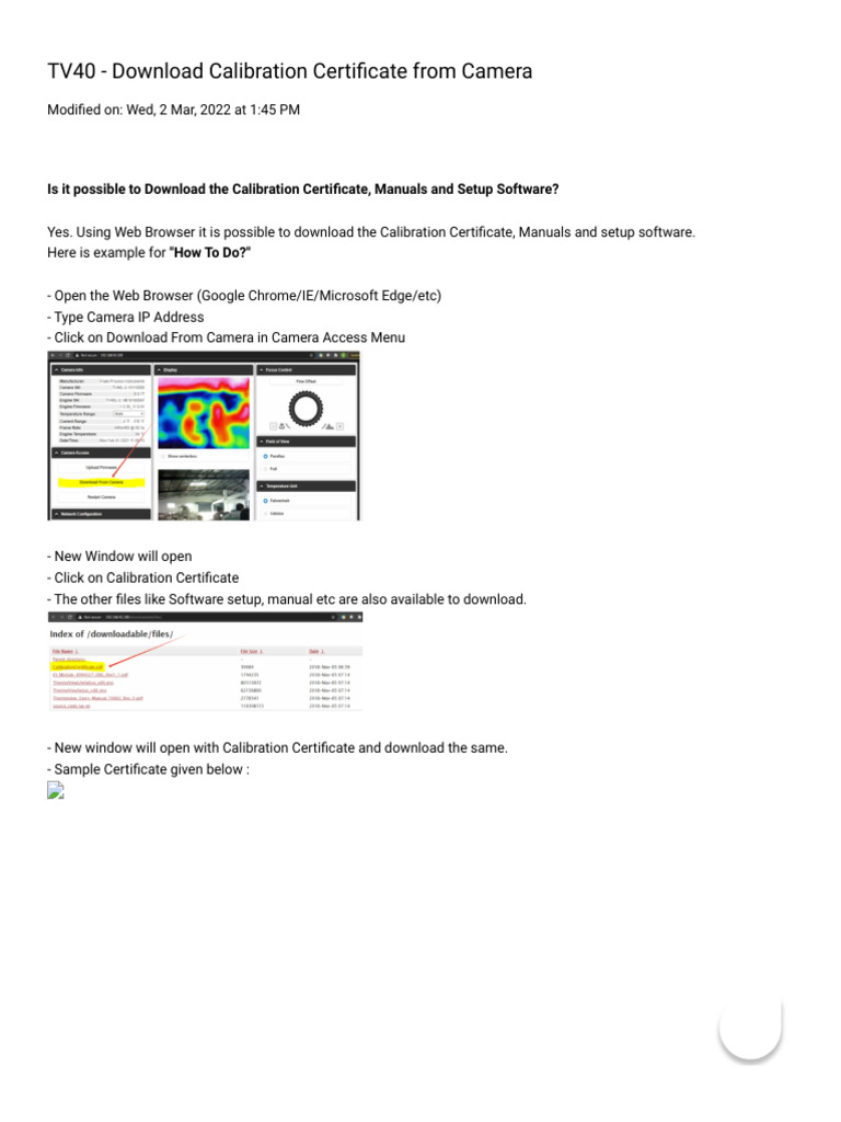 TV40 - Download Calibration Certificate From Camera: Fluke Process ...
