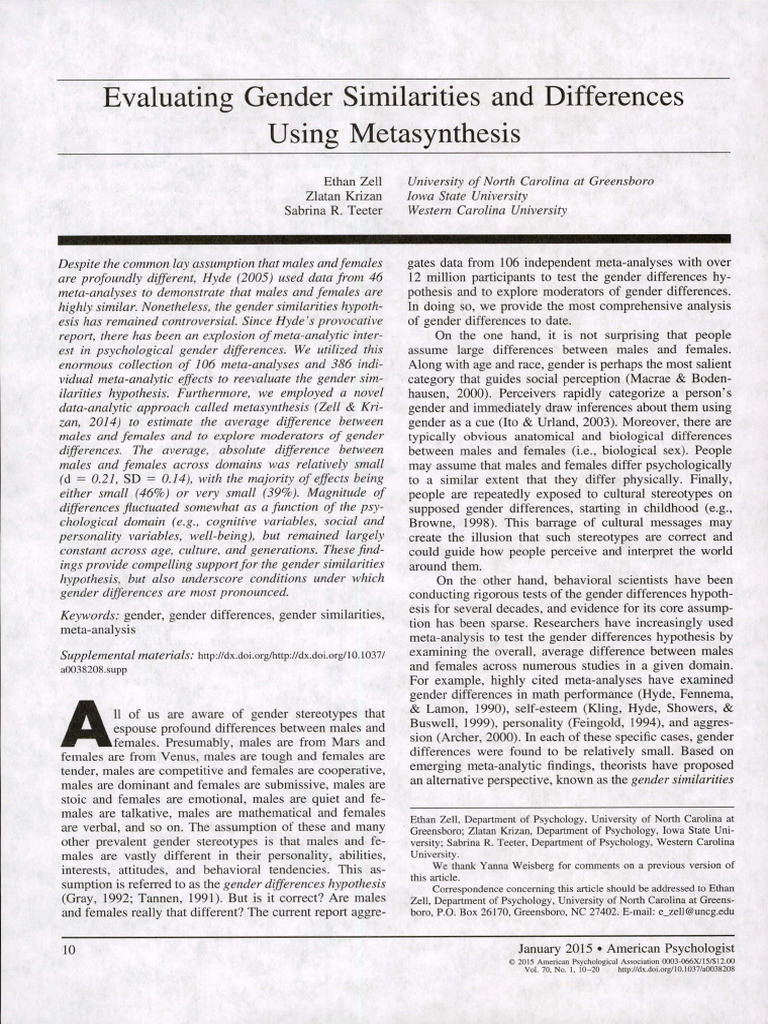 Gender Similarities: A Meta-Synthesis | PDF | Meta Analysis | Effect Size