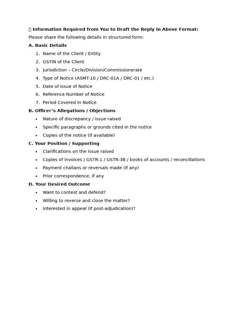 GST Notice Response Information Checklist | PDF