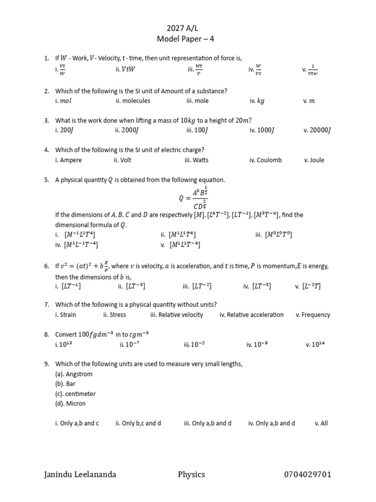 2027 A/L Physics Model Paper 4 | PDF | Quantity | Physical Quantities