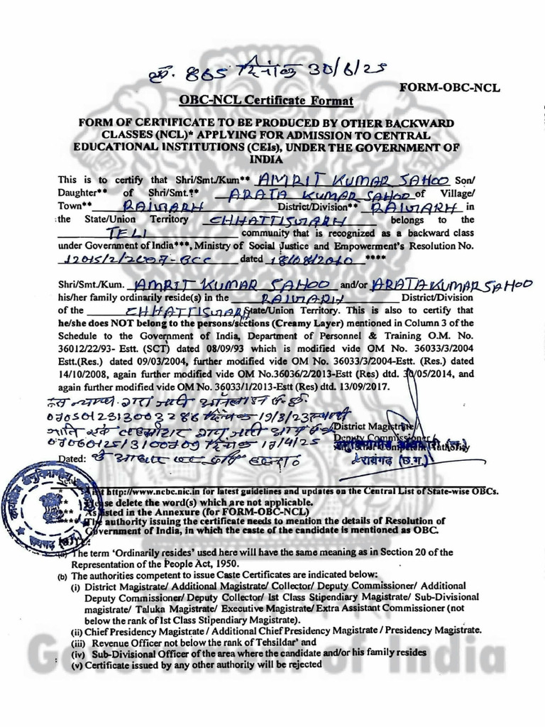 Obc NCL Certificate Government of India | PDF | Affirmative Action ...