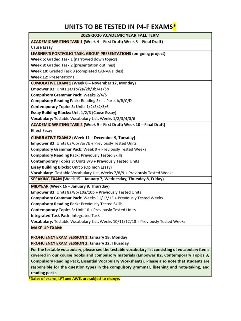 p4-f 2025-2026 Academic Year Fall Term Testing Checklist | PDF