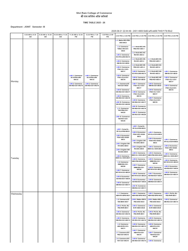 SECVACTimetablesand Batchesfor Semester IIIof AY202526 | PDF