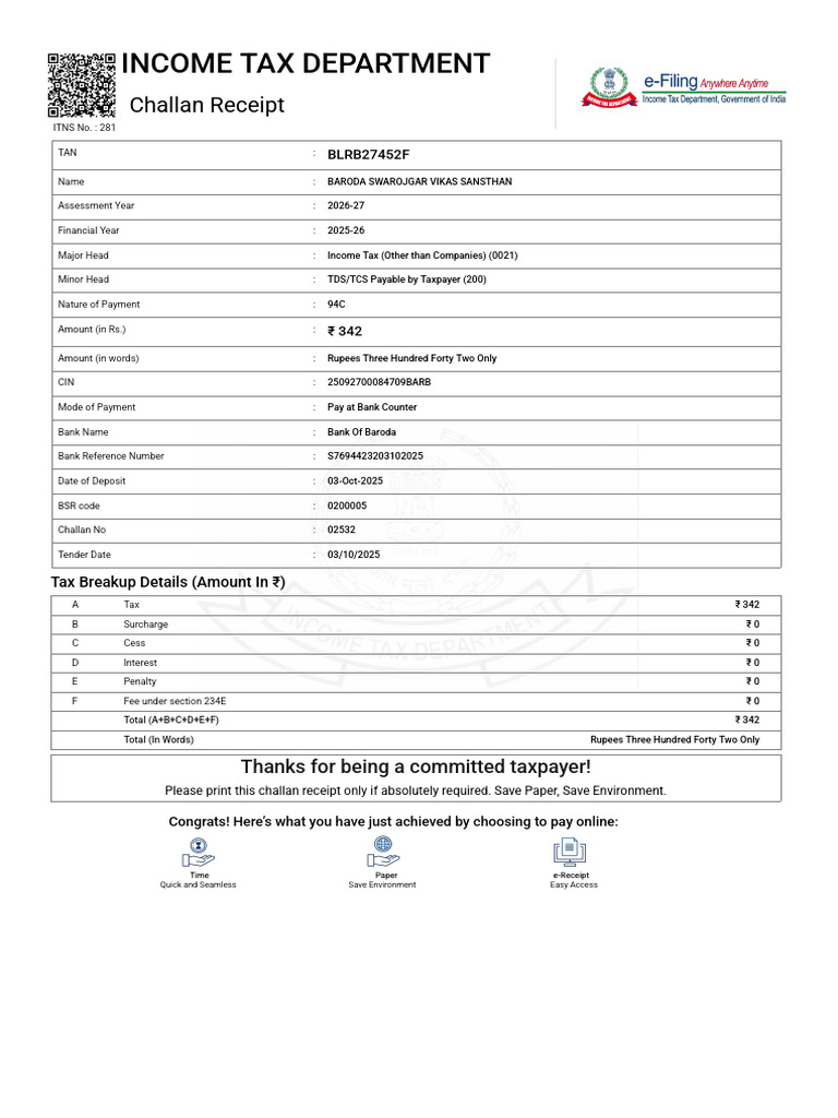 BSR Code 0200005 Tax Payment Receipt | PDF | Economies | Money