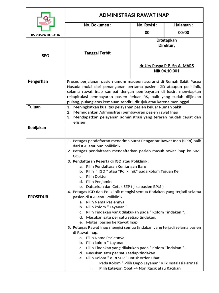 Prosedur Administrasi Rawat Inap RS Puspa | PDF