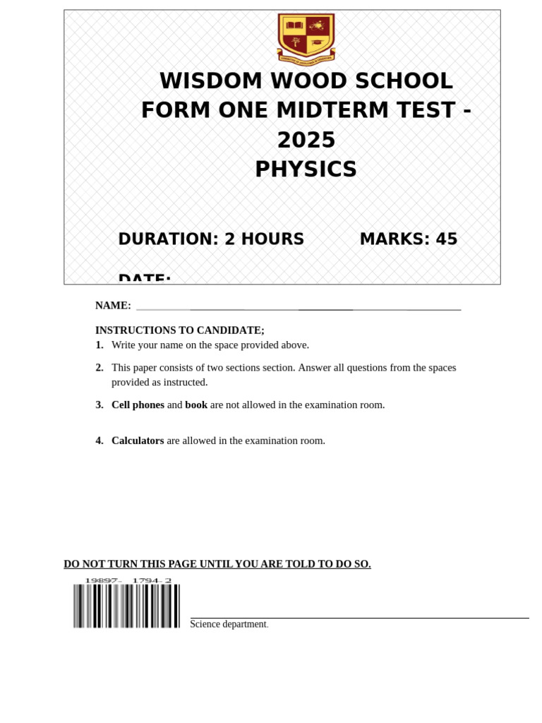 Form One Physics Midterm Test 2025 | PDF | Personal Protective Equipment