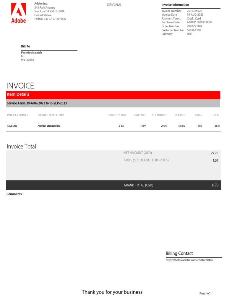 Adobe Acrobat Standard Invoice 2023 | PDF