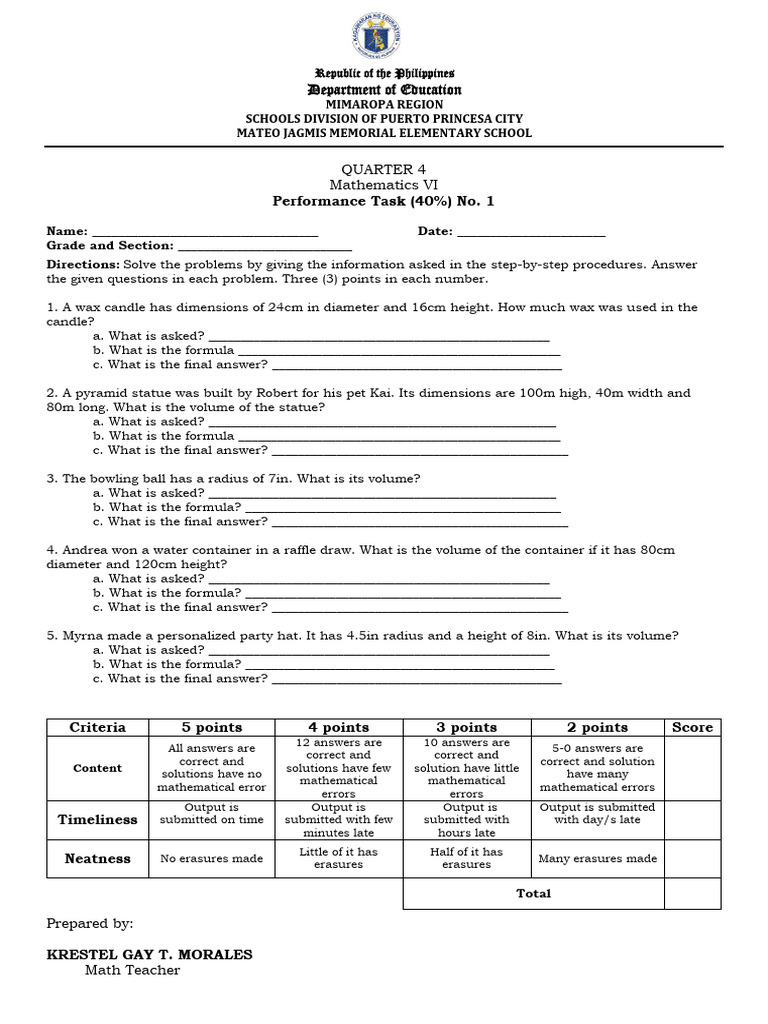 Mathematics VI Performance Tasks Guide | PDF