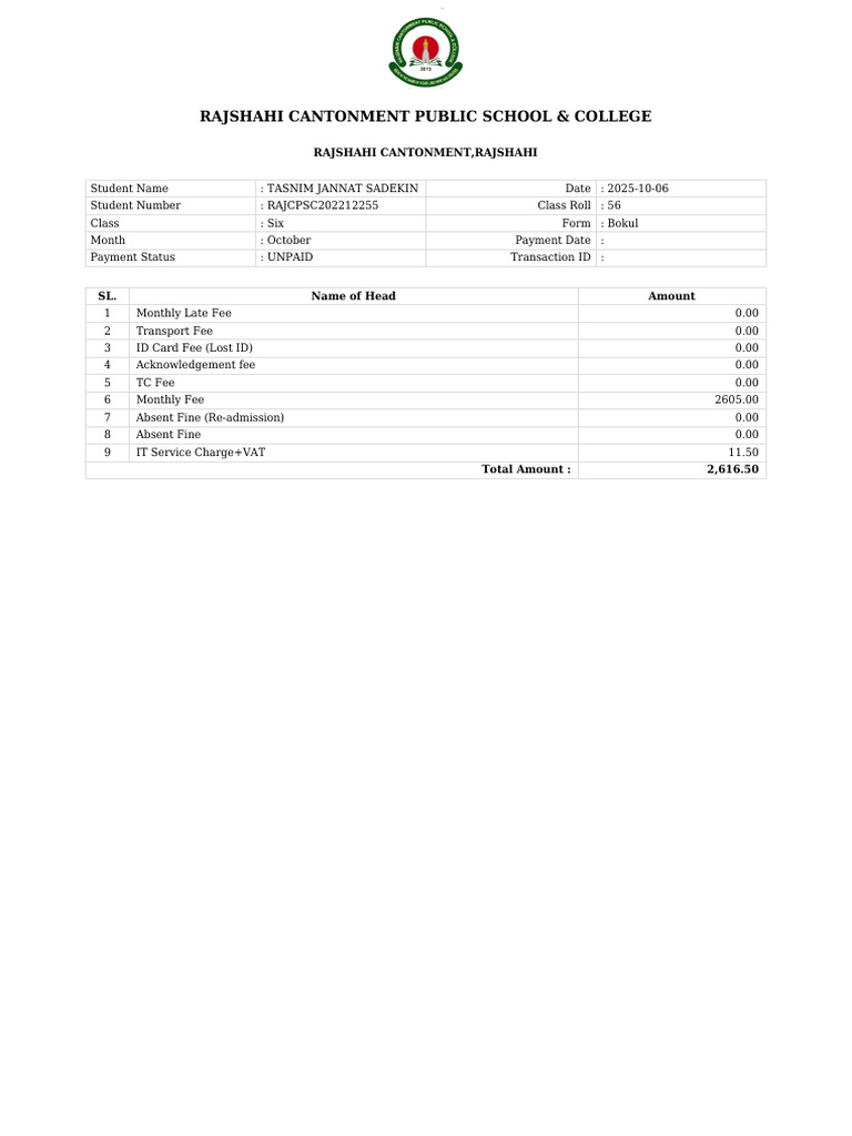 Rajshahi Cantonment School Fee Statement | PDF