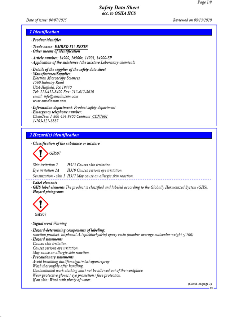 1 Identification: Acc. To OSHA HCS | PDF | Dangerous Goods ...
