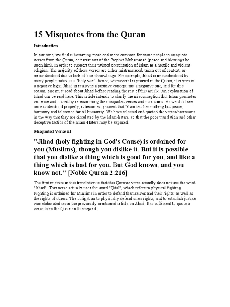 Misquotes from the Quran Explained | PDF | Jihad | Quran
